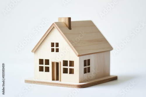 Wooden Model House with Chimney and Windows photo