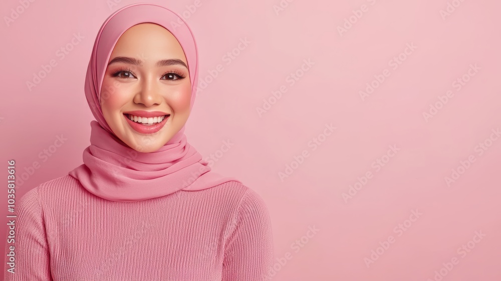 Beautiful Muslim Woman in Hijab Smiling on Pastel Pink Background, Modern Fashion, Confident and Elegant Beautiful Muslim Woman in Hijab Smiling on Pastel Pink Background, Modern Fashion, Confident and Elegant