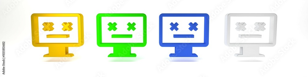 Fototapeta premium Colorful Dead monitor icon isolated on white background. 404 error like pc with dead emoji. Fatal error in pc system. Minimalism concept. 3D render illustration