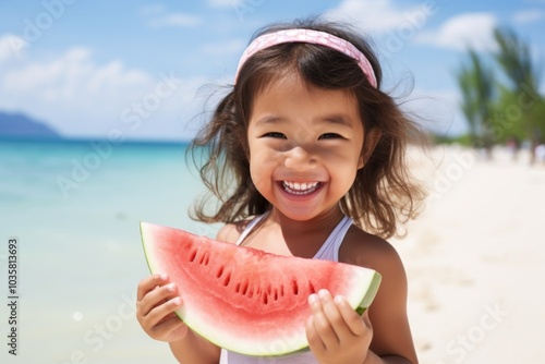 Portrait of a little girl eating watermelon on the seaside,ai generated