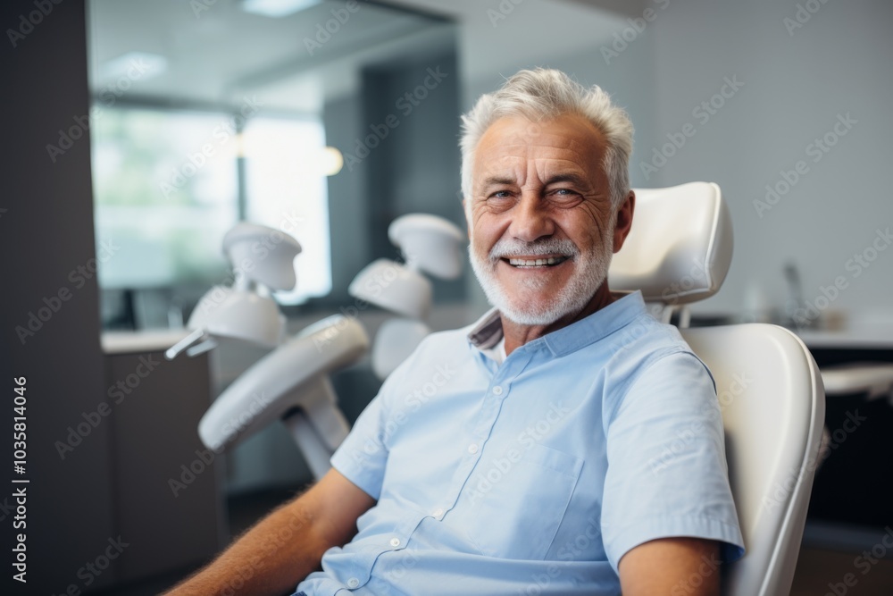 Senior man sitting in a dental chair with a bright smile, showcasing the importance of dental care for elderly individuals.ai generated Senior man sitting in a dental chair with a bright smile, showcasing the importance of dental care for elderly individuals.ai generated