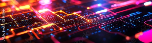 A vibrant, abstract representation of a digital circuit with glowing lines and colorful lights, illustrating technology and innovation.