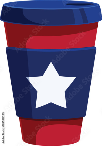 Red and blue disposable coffee cup featuring a white star is ideal for quickly illustrating concepts related to american holidays