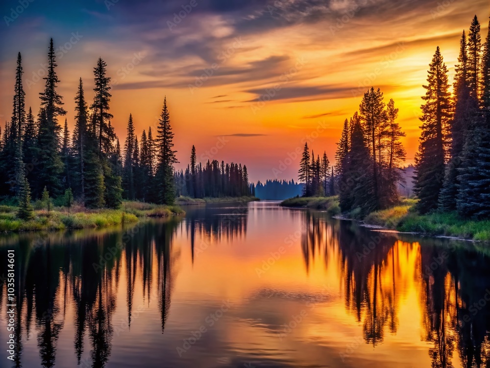 Fototapeta premium Serene Sunset Over Northern Coniferous Forest and River - Minimalist Landscape Photography