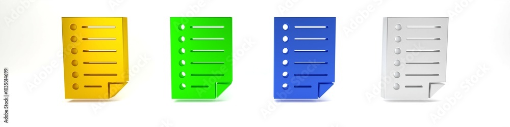 Colorful Document icon isolated on white background. File icon. Checklist icon. Business concept. Minimalism concept. 3D render illustration Colorful Document icon isolated on white background. File icon. Checklist icon. Business concept. Minimalism concept. 3D render illustration