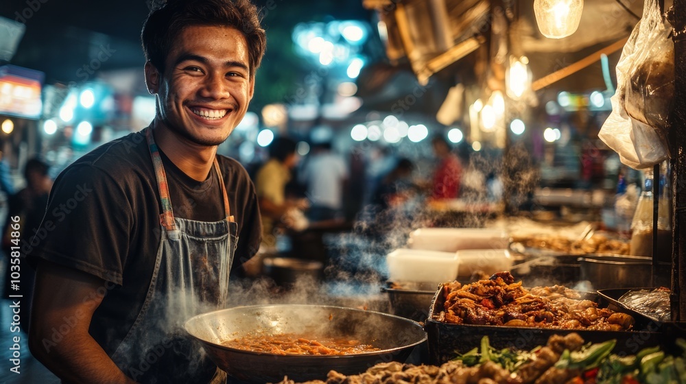 A street vendor smiling as they prepare food in a bustling market A street vendor smiling as they prepare food in a bustling market