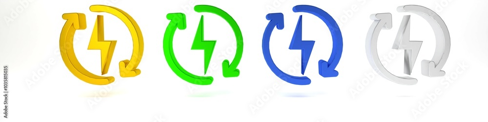 Colorful Recharging icon isolated on white background. Electric energy sign. Minimalism concept. 3D render illustration Colorful Recharging icon isolated on white background. Electric energy sign. Minimalism concept. 3D render illustration