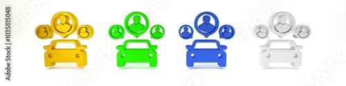 Colorful Car sharing with group of people icon isolated on white background. Carsharing sign. Transport renting service concept. Minimalism concept. 3D render illustration