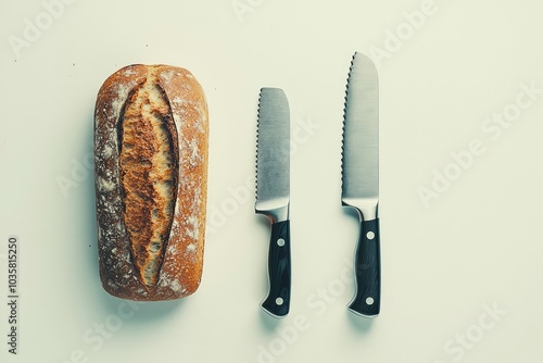 A Loaf of Bread with Two Bread Knives photo