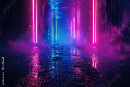 Neon Light Corridor Futuristic Room with Vibrant Lighting and couple romance  background  photo