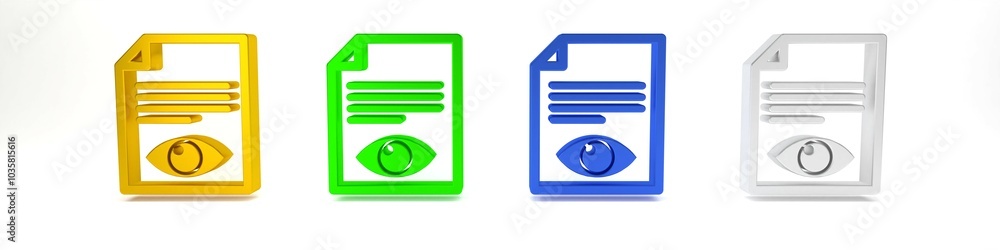 Colorful Paper page with eye symbol icon isolated on white background. Open information file sign. Minimalism concept. 3D render illustration Colorful Paper page with eye symbol icon isolated on white background. Open information file sign. Minimalism concept. 3D render illustration