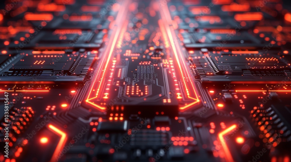 Futuristic Circuit Board Background with Glowing Red and Black Elements, High-Tech Digital Design, Modern Technology Concept Futuristic Circuit Board Background with Glowing Red and Black Elements, High-Tech Digital Design, Modern Technology Concept