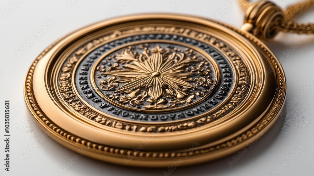 Obraz premium shiny gold medal gleaming against a seamless white background showcasing intricate details and symbols of achievement evoking feelings of victory and excellence in a polished presentation