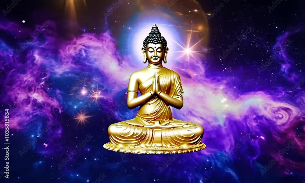 Golden Buddha statue in meditative pose against cosmic backdrop of purple and blue nebula Golden Buddha statue in meditative pose against cosmic backdrop of purple and blue nebula