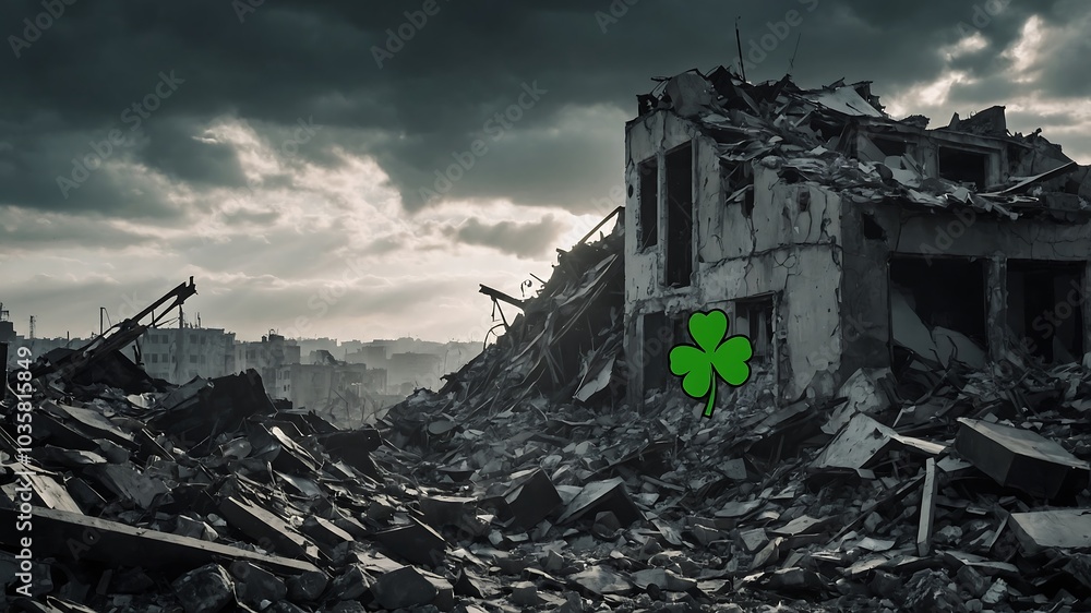 Fototapeta premium Ruins of a post-war city and clover leaves