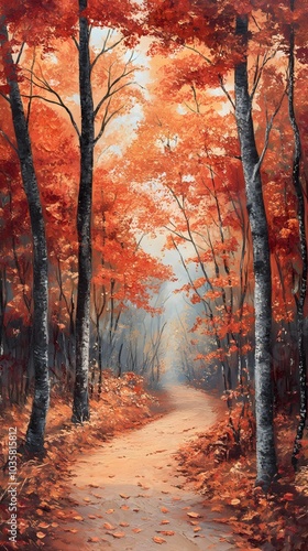 A picturesque autumn scene of trees adorned with vibrant red and orange leaves, creating an enchanting backdrop for nature lovers who enjoy walking along