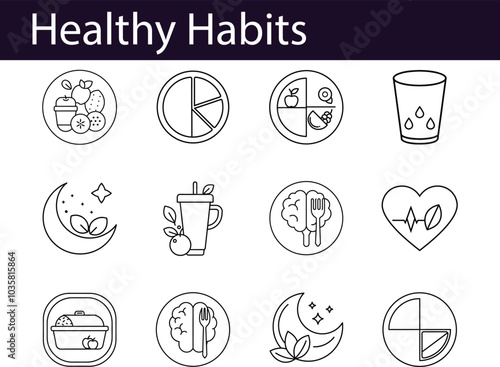 Healthy Habits Icons: Diet, Sleep, Exercise