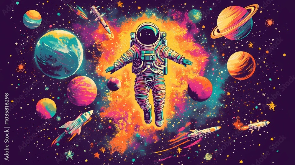 Vibrant space scene with an astronaut floating amidst colorful planets and rockets. Vibrant space scene with an astronaut floating amidst colorful planets and rockets.