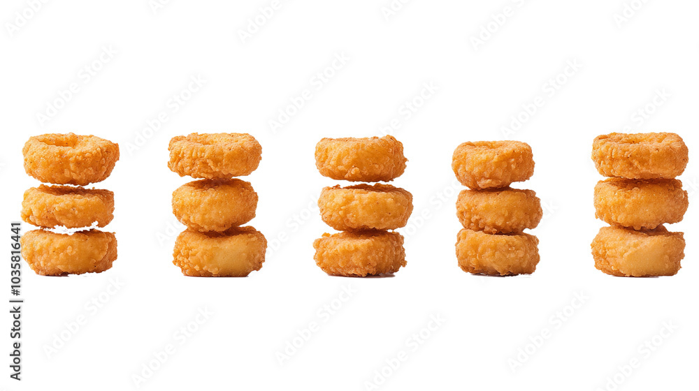 Crunchy chicken nuggets are stacked in different configurations on a transparent background. Crunchy chicken nuggets are stacked in different configurations on a transparent background.