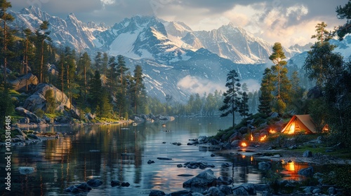 Family Enjoying a Happy Camping Trip in Scenic Mountain Landscape with Tent by Lake