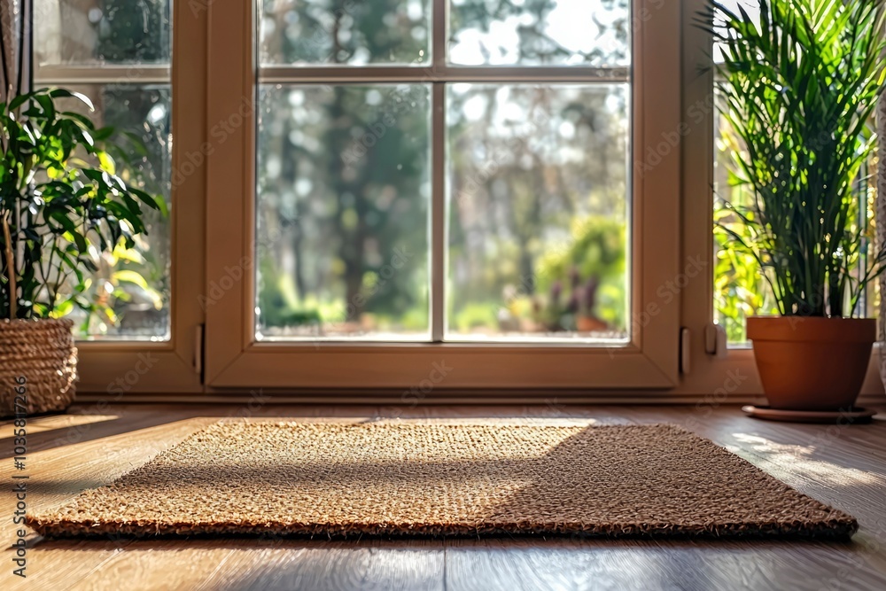 A brown doormat in front of a window with a blurred garden view A brown doormat in front of a window with a blurred garden view
