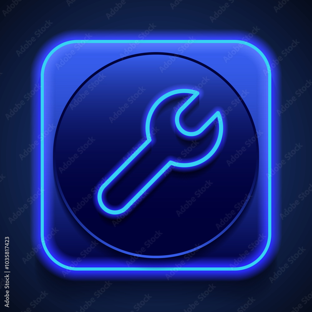 Wrench simple icon vector. Flat design. Blue neon style on button. With shadow Wrench simple icon vector. Flat design. Blue neon style on button. With shadow