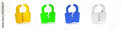 Colorful Broken or cracked lock icon isolated on white background. Unlock sign. Minimalism concept. 3D render illustration