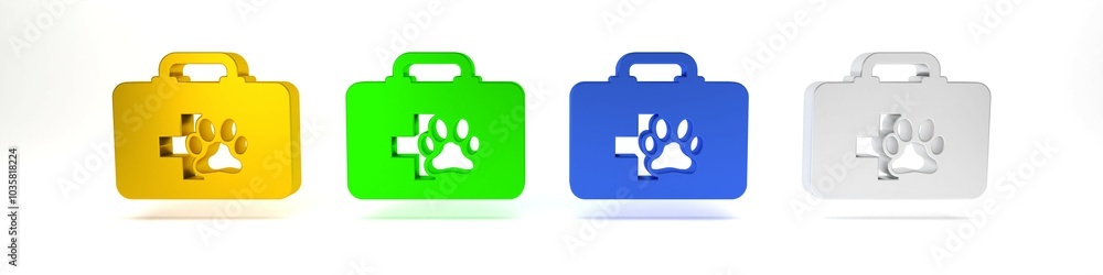 Colorful Pet first aid kit icon isolated on white background. Dog or cat paw print. Clinic box. Minimalism concept. 3D render illustration Colorful Pet first aid kit icon isolated on white background. Dog or cat paw print. Clinic box. Minimalism concept. 3D render illustration