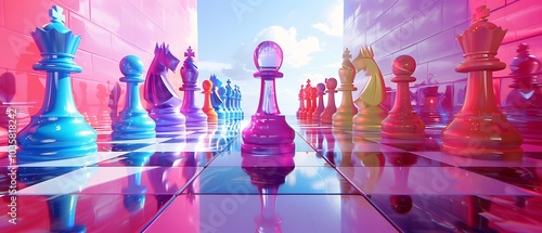 Vibrant chessboard showcasing a colorful array of chess pieces in a surreal setting under a bright sky