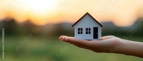 A hand holding a small house model against a beautiful sunset background. photo