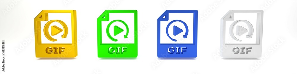 Colorful GIF file document. Download gif button icon isolated on white background. GIF file symbol. Minimalism concept. 3D render illustration Colorful GIF file document. Download gif button icon isolated on white background. GIF file symbol. Minimalism concept. 3D render illustration