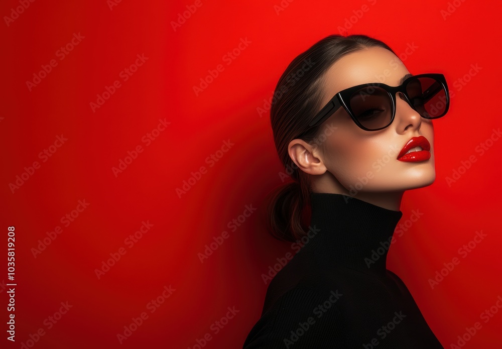 Woman Red Background Sunglasse Woman Red Background Sunglasse