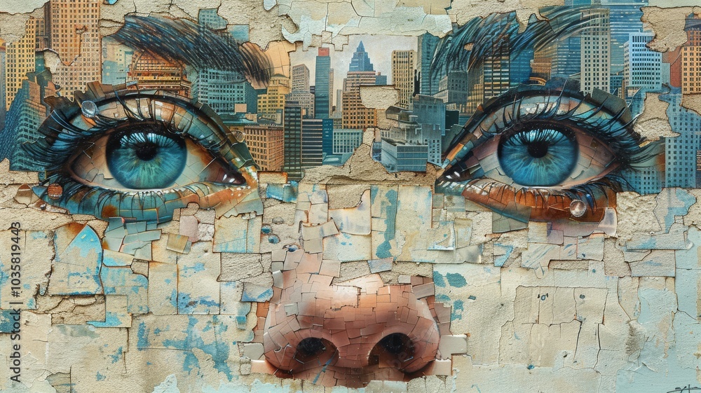 Surreal Collage Art with Cityscape and Human Eyes on Textured Background - Modern Urban Artwork Surreal Collage Art with Cityscape and Human Eyes on Textured Background - Modern Urban Artwork