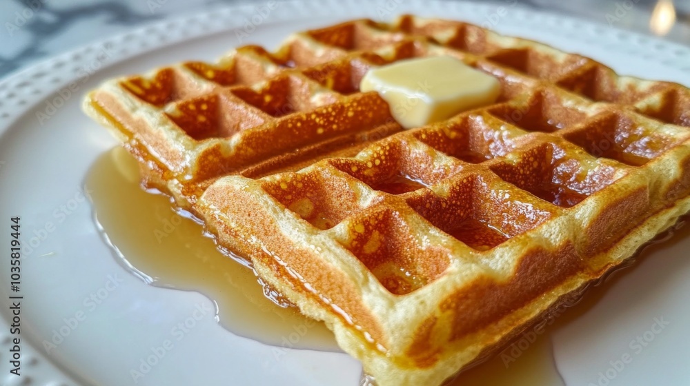 Delicious Waffle with Butter and Syrup on Plate Delicious Waffle with Butter and Syrup on Plate
