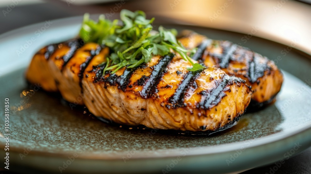 Grilled Salmon Fillet on Elegant Plate Grilled Salmon Fillet on Elegant Plate