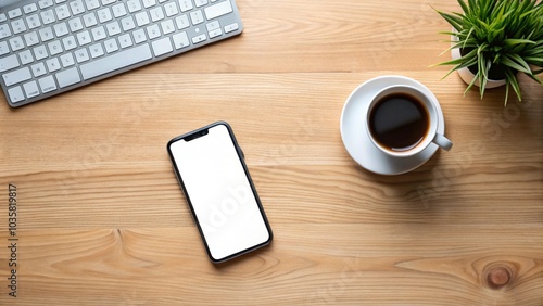 Workplace with phone with empty screen, top view 