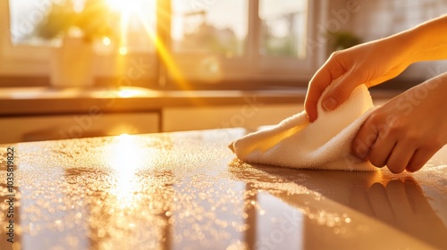 Wallpaper Mural Sunlit kitchen counter being wiped clean with a cloth, capturing a warm, tidy ambiance, AI Torontodigital.ca