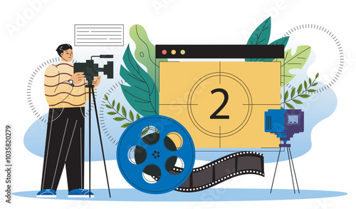 Video production cameraman. Man with camera near film tape reel. Production of films and TV series. Filmmaking and cinematography. Flat vector illustration