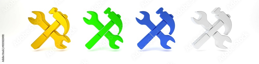 Colorful Crossed hammer and wrench icon isolated on white background. Hardware tools. Minimalism concept. 3D render illustration Colorful Crossed hammer and wrench icon isolated on white background. Hardware tools. Minimalism concept. 3D render illustration