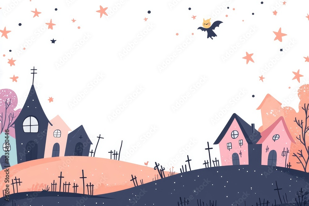 Fototapeta premium Cute cartoon vector-style Halloween background with pastel colors, featuring a haunted house silhouette, tiny crosses, and a flying witch over pink hills and purple trees against a gradient background