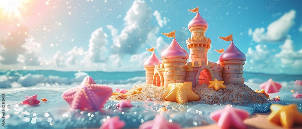 Whimsical beach castle surrounded by colorful starfish and dreamy clouds under the sunlight in a magical seascape Whimsical beach castle surrounded by colorful starfish and dreamy clouds under the sunlight in a magical seascape