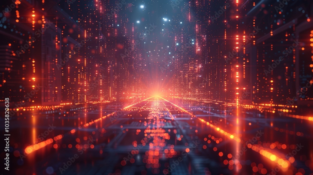 Fototapeta premium Futuristic Digital Landscape with Glowing Neon Lights and High-Tech Elements for Modern Backgrounds