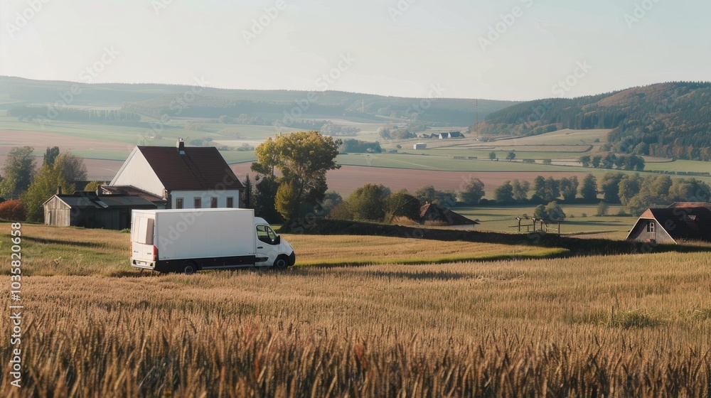A courier truck stopping at a rural farmhouse to deliver packages, with fields and barns in the background, Rural setting with personal delivery service A courier truck stopping at a rural farmhouse to deliver packages, with fields and barns in the background, Rural setting with personal delivery service