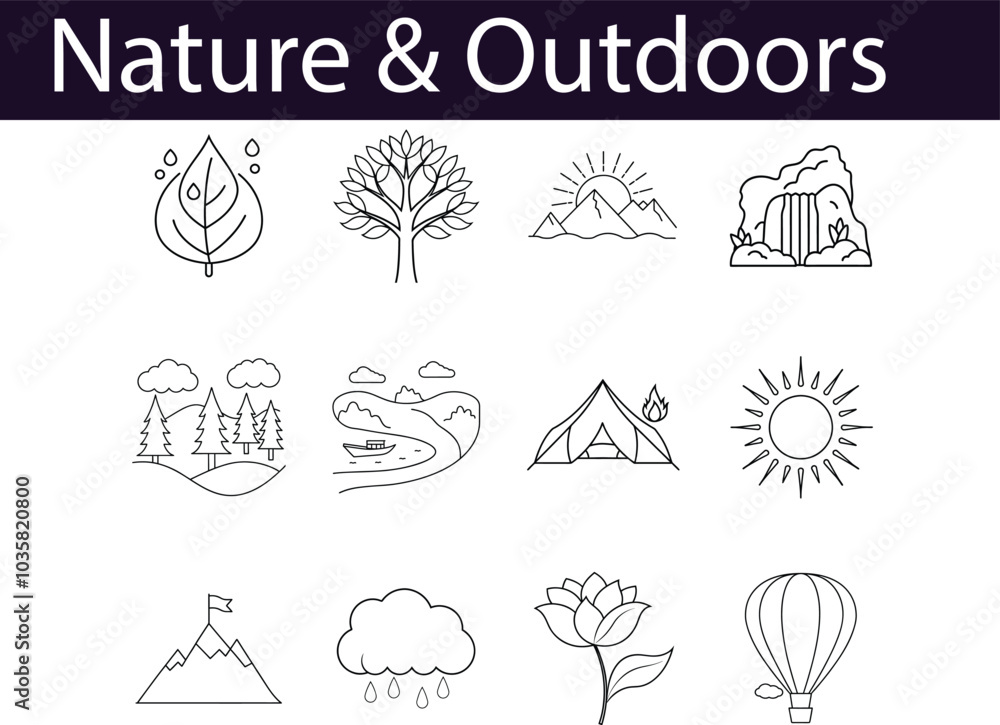Nature Outdoors Line Art Icon Set Design Nature Outdoors Line Art Icon Set Design