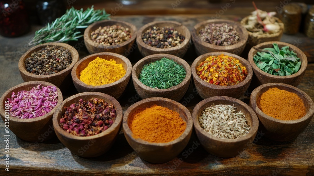 Variety of Spices in Wooden Bowls Variety of Spices in Wooden Bowls