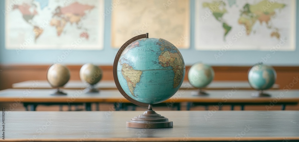 A classic globe sits on a wooden desk in a classroom, with world maps displayed in the background, symbolizing education and geography A classic globe sits on a wooden desk in a classroom, with world maps displayed in the background, symbolizing education and geography