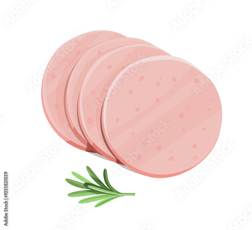 Sliced bologna sausage with herb on white.