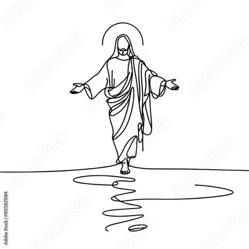 Jesus walks on water, simple continuous black line drawing, minimalistic, single unbroken line, vector, transparent background