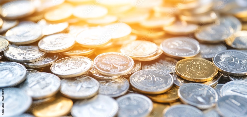 A close-up view of various coins scattered across a surface, reflecting light and showcasing their intricate designs. A close-up view of various coins scattered across a surface, reflecting light and showcasing their intricate designs.
