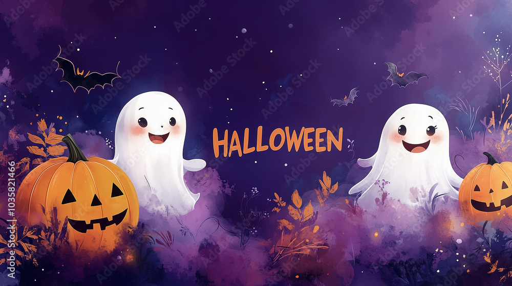 Obraz premium cartoon-style banner text Halloween, for children, kindergarten school, with playful pumpkins and friendly ghosts